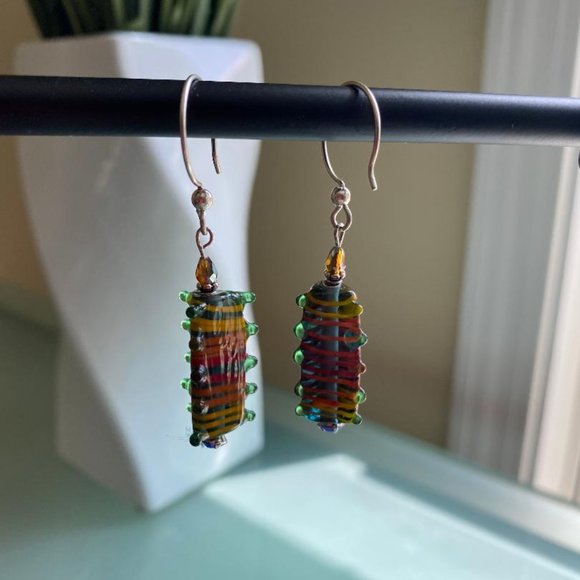 Multi-colored Glass Bead Sterling Silver Earrings - Picture 3 of 3